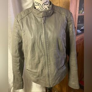 Banana Republic classic retro lamb leather bomber moto jacket XL taupe/grey y2k